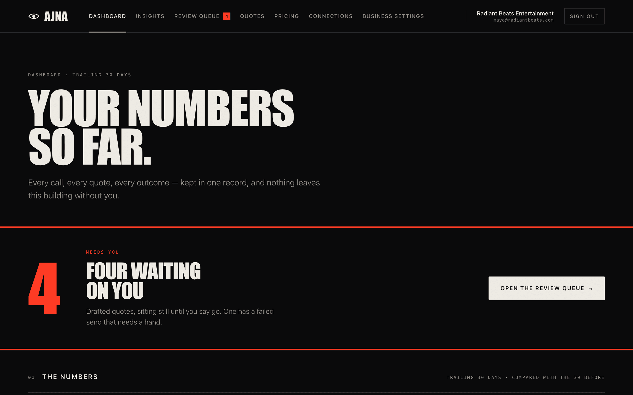 Ajna dashboard design direction — bold typographic layout showing quotes awaiting review
