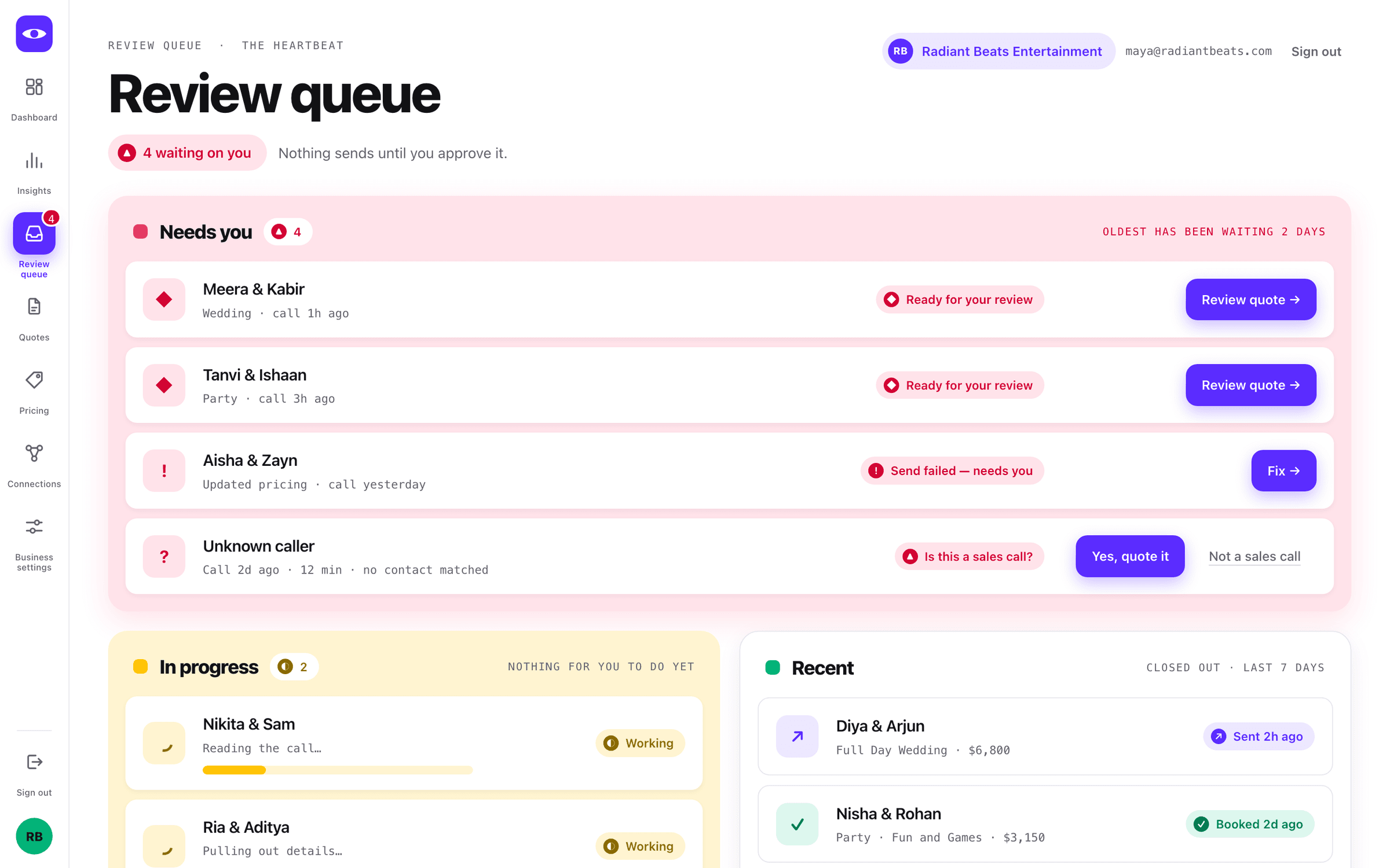 Ajna's review queue — quotes waiting on human approval, an AI-drafted quote flagged for review, and recently sent quotes