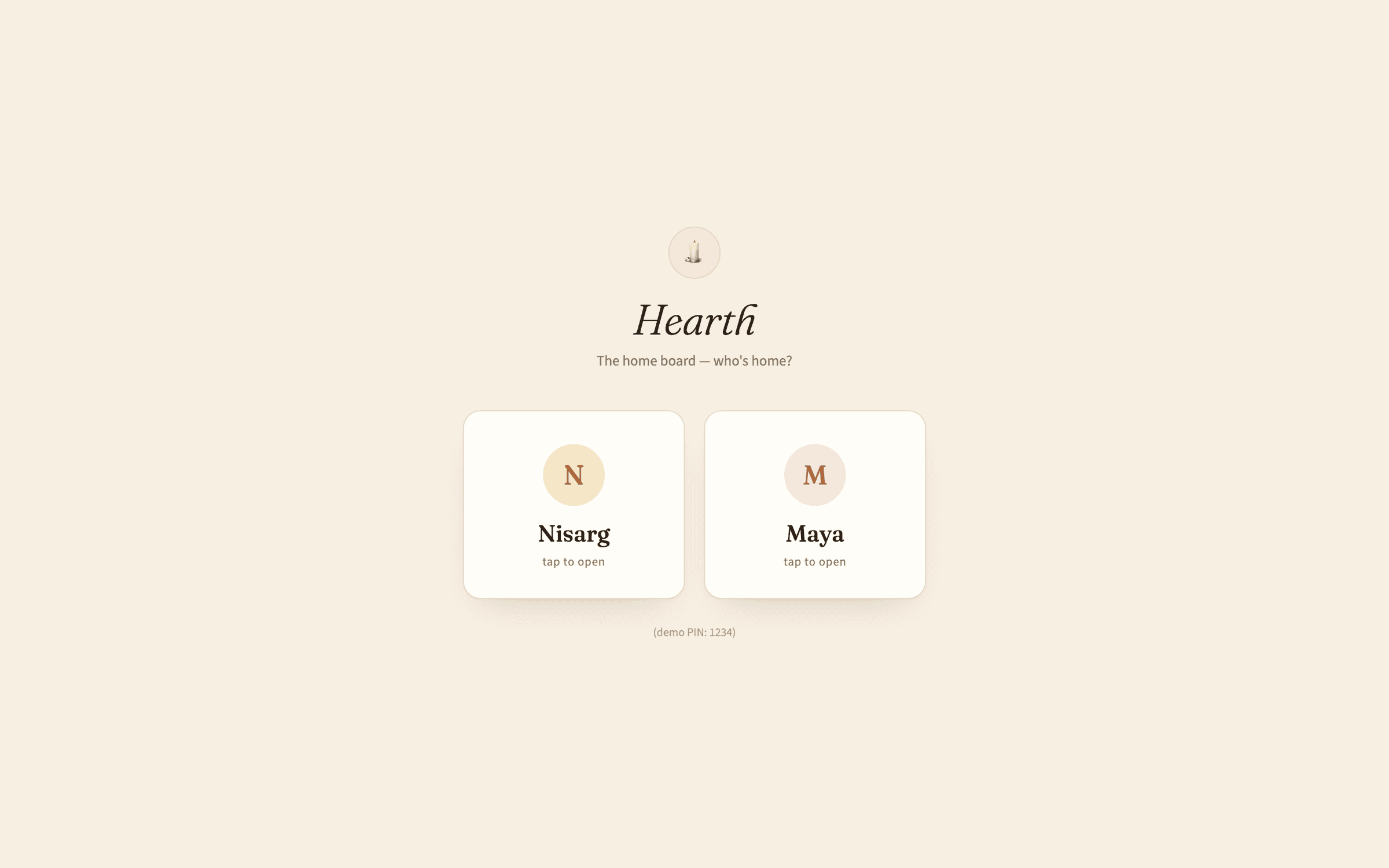 Our Hub's warm, minimal home board — two household member cards on a cream background